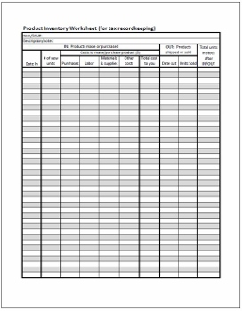 Product Inventory Worksheet for Tax Recordkeeping